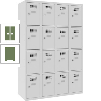 Garderobenschrank, Spind, 4 Abteile, 16 Fächer, Etikettrahmen, 1.800 x 1.200 x 500 mm (HxBxT), Korpusfarbe resedagrün, Frontfarbe resedagrün RAL 6011 Resedagrün | RAL 6011 Resedagrün