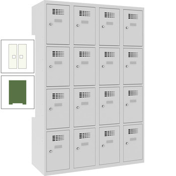 Garderobenschrank, Spind, 4 Abteile, 16 Fächer, Etikettrahmen, 1.800 x 1.200 x 500 mm (HxBxT), Korpusfarbe resedagrün, Frontfarbe reinweiß RAL 9010 Reinweiß | RAL 6011 Resedagrün