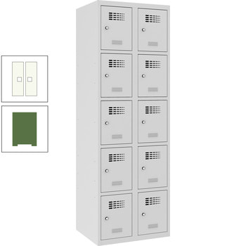 Garderobenschrank, Spind, 2 Abteile, 10 Fächer, verstärkte Türen, 1.800 x 600 x 500 mm (HxBxT), Korpusfarbe resedagrün, Frontfarbe reinweiß RAL 9010 Reinweiß | RAL 6011 Resedagrün