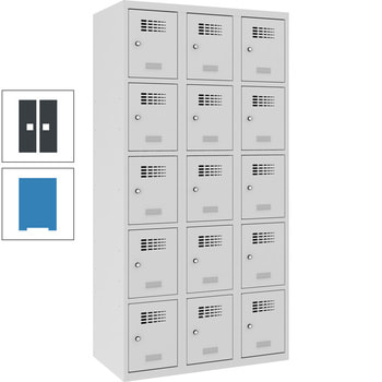 Garderobenschrank, Spind, 3 Abteile, 15 Fächer, verstärkte Türen, 1.800 x 900 x 500 mm (HxBxT), Korpusfarbe lichtblau, Frontfarbe anthrazitgrau RAL 7016 Anthrazitgrau | RAL 5012 Lichtblau