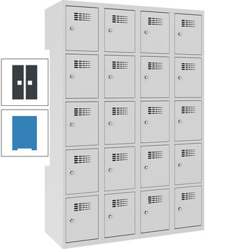 Garderobenschrank, Spind, Etikettrahmen, 20 Fächer, belüftet, 1.800 x 1.200 x 500 mm (HxBxT), Korpusfarbe lichtblau, Frontfarbe anthrazitgrau RAL 7016 Anthrazitgrau | RAL 5012 Lichtblau