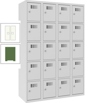 Garderobenschrank, Spind, Etikettrahmen, 20 Fächer, belüftet, 1.800 x 1.200 x 500 mm (HxBxT), Korpusfarbe resedagrün, Frontfarbe reinweiß RAL 9010 Reinweiß | RAL 6011 Resedagrün