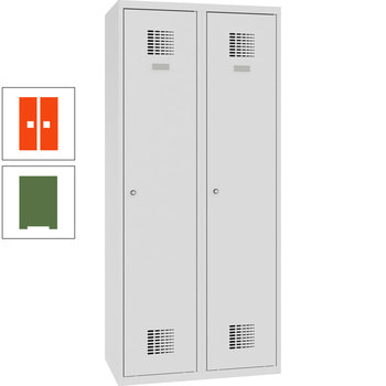 Garderobenschrank, Spind, Umkleide, Trennwand, Sockel, 2 Abteile, 1.800 x 800 x 500 mm (HxBxT), Korpusfarbe resedagrün, Frontfarbe reinorange RAL 2004 Reinorange | RAL 6011 Resedagrün