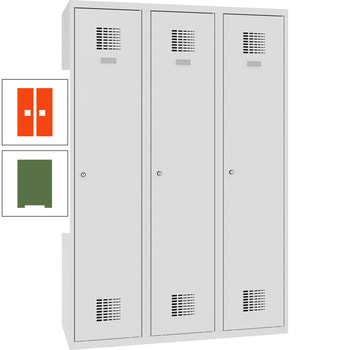 Garderobenschrank, Spind, Umkleide, Trennwand, Sockel, 3 Abteile, 1.800 x 1.200 x 500 mm (HxBxT), Korpusfarbe resedagrün, Frontfarbe reinorange RAL 2004 Reinorange | RAL 6011 Resedagrün