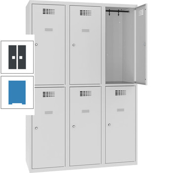 Garderobenschrank, Spind, Etikettrahmen, 6 Fächer, belüftet, 1.800 x 1.200 x 500 mm (HxBxT), Korpusfarbe lichtblau, Frontfarbe anthrazitgrau RAL 7016 Anthrazitgrau | RAL 5012 Lichtblau