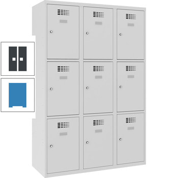 Garderobenschrank, Spind, 3 Abteile, 9 Fächer, Etikettenrahmen, 1.800 x 1.200 x 500 mm (HxBxT), Korpusfarbe lichtblau, Frontfarbe anthrazitgrau RAL 7016 Anthrazitgrau | RAL 5012 Lichtblau
