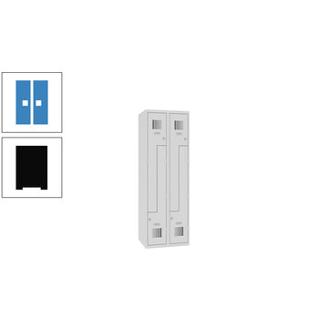 Z-Spind, Garderobenschrank, 2 Abteile, 4 Fächer, Kleiderstange, 1.800 x 600 x 500 mm (HxBxT), Korpusfarbe tiefschwarz, Frontfarbe lichtblau RAL 5012 Lichtblau | RAL 9005 Tiefschwarz