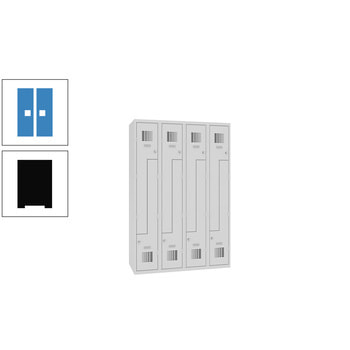 Z-Spind, Garderobenschrank, 4 Abteile, 8 Fächer, Kleiderstange, 1.800 x 1.200 x 500 mm (HxBxT), Korpusfarbe tiefschwarz, Frontfarbe lichtblau RAL 5012 Lichtblau | RAL 9005 Tiefschwarz