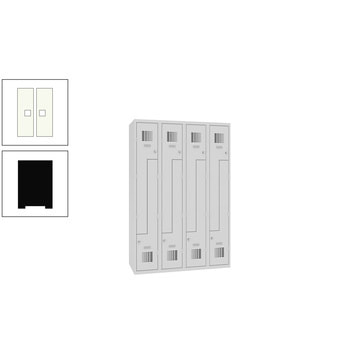 Z-Spind, Garderobenschrank, 4 Abteile, 8 Fächer, Kleiderstange, 1.800 x 1.200 x 500 mm (HxBxT), Korpusfarbe tiefschwarz, Frontfarbe reinweiß RAL 9010 Reinweiß | RAL 9005 Tiefschwarz