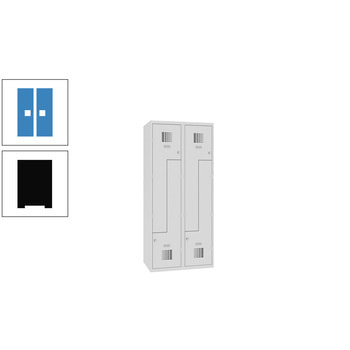 Z-Spind, Garderobenschrank, 1.800 x 800 x 500 mm (HxBxT), 2 Abteile, 4 Fächer, Kleiderstange, Korpusfarbe tiefschwarz, Frontfarbe lichtblau RAL 5012 Lichtblau | RAL 9005 Tiefschwarz