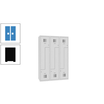 Z-Spind, Garderobenschrank, 1.800 x 1.200 x 500 mm (HxBxT), 3 Abteile, 6 Fächer, Kleiderstange, Korpusfarbe tiefschwarz, Frontfarbe lichtblau RAL 5012 Lichtblau | RAL 9005 Tiefschwarz