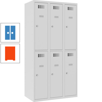 Garderobenschrank, Spind,3 Abteile,6 Fächer, Kleiderstange, Spiegel, 1.800 x 900 x 500 mm (HxBxT), Korpusfarbe reinorange, Frontfarbe lichtblau RAL 5012 Lichtblau | RAL 2004 Reinorange