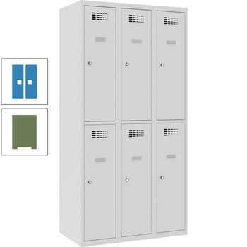 Garderobenschrank, Spind,3 Abteile,6 Fächer, Kleiderstange, Spiegel, 1.800 x 900 x 500 mm (HxBxT), Korpusfarbe resedagrün, Frontfarbe lichtblau RAL 5012 Lichtblau | RAL 6011 Resedagrün