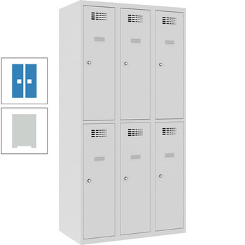 Garderobenschrank, Spind,3 Abteile,6 Fächer, Kleiderstange, Spiegel, 1.800 x 900 x 500 mm (HxBxT), Korpusfarbe lichtgrau, Frontfarbe lichtblau RAL 5012 Lichtblau | RAL 7035 Lichtgrau