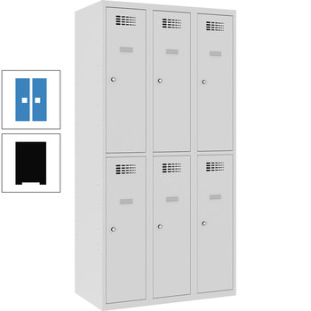 Garderobenschrank, Spind,3 Abteile,6 Fächer, Kleiderstange, Spiegel, 1.800 x 900 x 500 mm (HxBxT), Korpusfarbe tiefschwarz, Frontfarbe lichtblau RAL 5012 Lichtblau | RAL 9005 Tiefschwarz