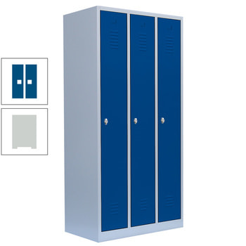 Garderobenschrank, Garderobenspind, 3 Abteile, 1.800 x 885 x 500 mm (HxBxT), Stahl, Korpusfarbe: lichtgrau, Frontfarbe: enzianblau RAL 5010 Enzianblau | RAL 7035 Lichtgrau