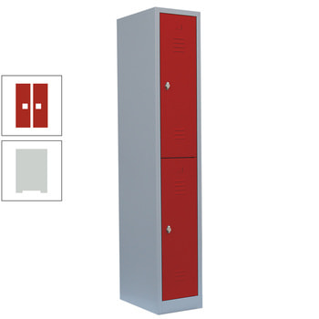 Garderobenschrank, Doppelstockspind, 1 Abteil, 2 Fächer, 1.800 x 315 x 500 mm (HxBxT), Stahl, Drehriegel, Korpus: lichtgrau, Front: feuerrot RAL 3000 Feuerrot | RAL 7035 Lichtgrau