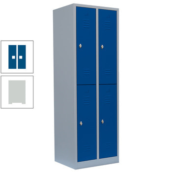 Garderobenschrank, Doppelstockspind, 2 Abteile, 4 Fächer, 1.800 x 600 x 500 mm (HxBxT), Stahl, Drehriegel, Korpus: lichtgrau, Front: enzianblau RAL 5010 Enzianblau | RAL 7035 Lichtgrau