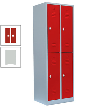 Garderobenschrank, Doppelstockspind, 2 Abteile, 4 Fächer, 1.800 x 600 x 500 mm (HxBxT), Stahl, Drehriegel, Korpus: lichtgrau, Front: feuerrot RAL 3000 Feuerrot | RAL 7035 Lichtgrau