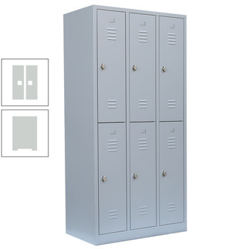 Garderobenschrank, Doppelstockspind, 3 Abteile, 6 Fächer, 1.800 x 885 x 500 mm (HxBxT), Stahl, Drehriegel, Korpus: lichtgrau, Front: lichtgrau RAL 7035 Lichtgrau | RAL 7035 Lichtgrau