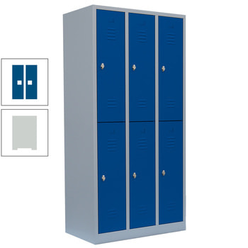 Garderobenschrank, Doppelstockspind, 3 Abteile, 6 Fächer, 1.800 x 885 x 500 mm (HxBxT), Stahl, Drehriegel, Korpus: lichtgrau, Front: enzianblau RAL 5010 Enzianblau | RAL 7035 Lichtgrau