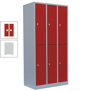 Garderobenschrank, Doppelstockspind, 3 Abteile, 6 Fächer, 1.800 x 885 x 500 mm (HxBxT), Stahl, Drehriegel, Korpus: lichtgrau, Front: feuerrot RAL 3000 Feuerrot | RAL 7035 Lichtgrau