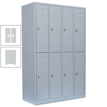 Garderobenschrank, Doppelstockspind, 4 Abteile, 8 Fächer, 1.800 x 1.170 x 500 mm (HxBxT), Stahl, Drehriegel, Korpus: lichtgrau, Front: lichtgrau RAL 7035 Lichtgrau | RAL 7035 Lichtgrau