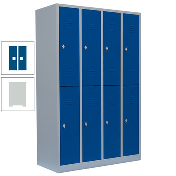 Garderobenschrank, Doppelstockspind, 4 Abteile, 8 Fächer, 1.800 x 1.170 x 500 mm (HxBxT), Stahl, Drehriegel, Korpus: lichtgrau, Front: enzianblau RAL 5010 Enzianblau | RAL 7035 Lichtgrau