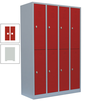 Garderobenschrank, Doppelstockspind, 4 Abteile, 8 Fächer, 1.800 x 1.170 x 500 mm (HxBxT), Stahl, Drehriegel, Korpus: lichtgrau, Front: feuerrot RAL 3000 Feuerrot | RAL 7035 Lichtgrau