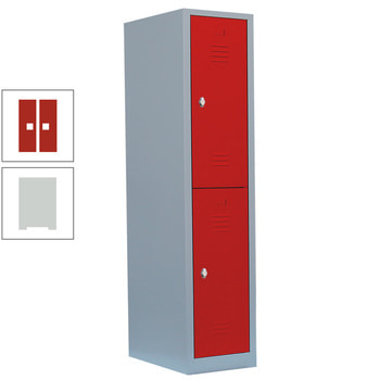 Garderobenschrank, Doppelstockspind, 1 Abteil, 2 Fächer, 1.800 x 415 x 500 mm (HxBxT), Stahl, Drehriegel, Korpus: lichtgrau, Front: feuerrot RAL 3000 Feuerrot | RAL 7035 Lichtgrau