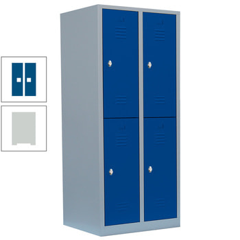 Garderobenschrank, Doppelstockspind, 2 Abteile, 4 Fächer, 1.800 x 800 x 500 mm (HxBxT), Stahl, Drehriegel, Korpus: lichtgrau, Front: enzianblau RAL 5010 Enzianblau | RAL 7035 Lichtgrau