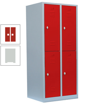 Garderobenschrank, Doppelstockspind, 2 Abteile, 4 Fächer, 1.800 x 800 x 500 mm (HxBxT), Stahl, Drehriegel, Korpus: lichtgrau, Front: feuerrot RAL 3000 Feuerrot | RAL 7035 Lichtgrau