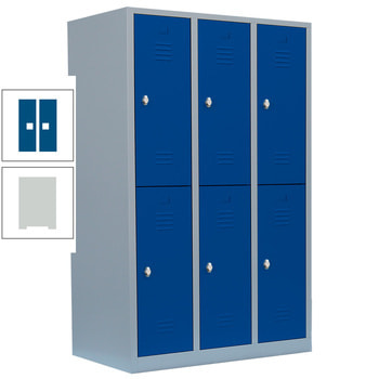 Garderobenschrank, Doppelstockspind, 3 Abteile, 6 Fächer, 1.800 x 1.185 x 500 mm (HxBxT), Stahl, Drehriegel, Korpus: lichtgrau, Front: enzianblau RAL 5010 Enzianblau | RAL 7035 Lichtgrau