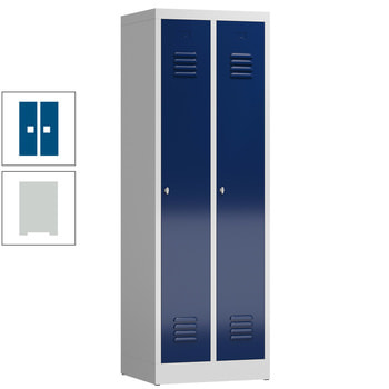 Garderobenschrank, Garderobenspind, 2 Abteile, 1.800 x 590 x 500 mm (HxBxT), Stahl, Drehriegelverschluss, Korpus: lichtgrau, Front: enzianblau RAL 5010 Enzianblau | RAL 7035 Lichtgrau