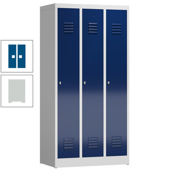 Garderobenschrank, Garderobenspind, 3 Abteile, 1.800 x 870 x 500 mm (HxBxT), Stahl, Drehriegelverschluss, Korpus: lichtgrau, Front: enzianblau RAL 5010 Enzianblau | RAL 7035 Lichtgrau