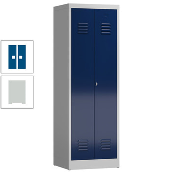 Garderobenschrank, Garderobenspind, 2 Abteile, mittig schließend, 1.800 x 590 x 500 mm (HxBxT), Stahl, Korpus: lichtgrau, Front: enzianblau RAL 5010 Enzianblau | RAL 7035 Lichtgrau