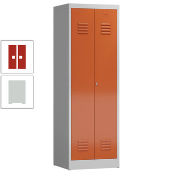 Garderobenschrank, Garderobenspind, 2 Abteile, mittig schließend, 1.800 x 590 x 500 mm (HxBxT), Stahl, Korpus: lichtgrau, Front: feuerrot RAL 3000 Feuerrot | RAL 7035 Lichtgrau