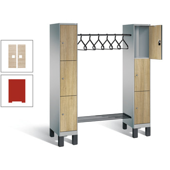Schließfach-Garderobe, Spind, Fächerschrank, Füße, 2 Abteile, 6 Fächer, 1.850 x 1.600 x 500 mm, Dekorfront HPL Eiche-Sereno, Korpus feuerrot Dekorfront HPL 032 Eiche-Sereno | RAL 3000 Feuerrot