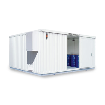 Isolierter Gefahrstoffcontainer - 2.520 x 5.050 x 4.340 mm (HxBxT) - Auffangvolumen 2 x 1.480 l - mit Lüftersteuerung - Türausführung wählbar 