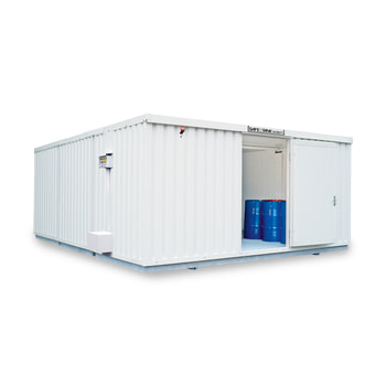Isolierter Gefahrstoffcontainer - 2.520 x 5.080 x 6.520 mm (HxBxT) - Auffangvolumen 3 x 1.480 l - mit Dauerlüfter - Türausführung wählbar 