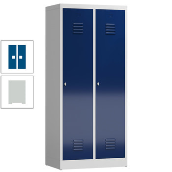 Garderobenschrank, Garderobenspind, 2 Abteile, Abteiltrennwand, 1.800 x 800 x 500 mm (HxBxT), Stahl, Drehriegel, Korpus: lichtgrau, Front: enzianblau RAL 5010 Enzianblau | RAL 7035 Lichtgrau