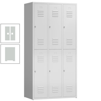 Garderobenschrank, Doppelstockspind, 3 Abteil, 6 Fächer, 1.800 x 870 x 500 mm (HxBxT), Stahl, Drehriegel, Korpus: lichtgrau, Front: lichtgrau RAL 7035 Lichtgrau | RAL 7035 Lichtgrau