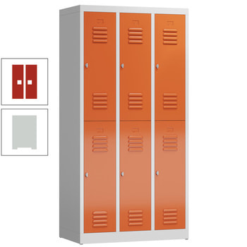 Garderobenschrank, Doppelstockspind, 3 Abteil, 6 Fächer, 1.800 x 870 x 500 mm (HxBxT), Stahl, Drehriegel, Korpus: lichtgrau, Front: feuerrot RAL 3000 Feuerrot | RAL 7035 Lichtgrau