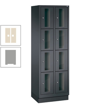 Spindschrank mit Sockel, Schließfächer, Sichtfenster, 2 Abteile, 8 Fächer, 1.800 x 610 x 500 mm (HxBxT), Korpus weißaluminium, Türen Perlweiß RAL 1013 Perlweiß | RAL 9006 Weißaluminium