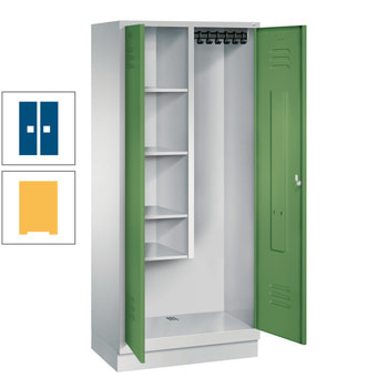 Raumpflegeschrank, Geräteschrank, auf Sockel, 2 Abteile a 400 mm, 1.800 x 810 x 500 mm (HxBxT), Korpusfarbe Sonnengelb, Türfarbe enzianblau RAL 5010 Enzianblau | RDS 0808060 Sonnengelb