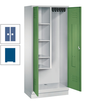 Raumpflegeschrank, Geräteschrank, auf Sockel, 2 Abteile a 400 mm, 1.800 x 810 x 500 mm (HxBxT), Korpusfarbe enzianblau, Türfarbe Fernblau RAL 5023 Fernblau | RAL 5010 Enzianblau