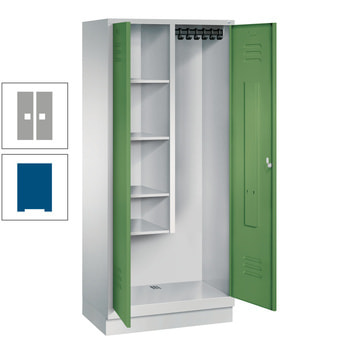 Raumpflegeschrank, Geräteschrank, auf Sockel, 2 Abteile a 400 mm, 1.800 x 810 x 500 mm (HxBxT), Korpusfarbe enzianblau, Türfarbe weißaluminium RAL 9006 Weißaluminium | RAL 5010 Enzianblau