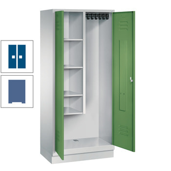 Raumpflegeschrank, Geräteschrank, auf Sockel, 2 Abteile a 400 mm, 1.800 x 810 x 500 mm (HxBxT), Korpusfarbe Fernblau, Türfarbe enzianblau RAL 5010 Enzianblau | RAL 5023 Fernblau