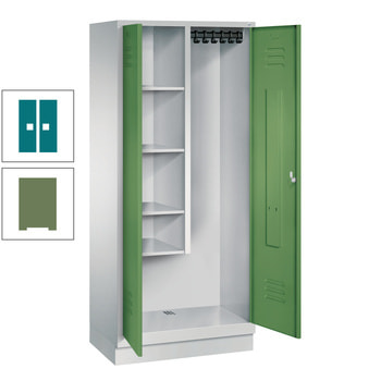 Raumpflegeschrank, Geräteschrank, auf Sockel, 2 Abteile a 400 mm, 1.800 x 810 x 500 mm (HxBxT), Korpusfarbe resedagrün, Türfarbe Wasserblau RAL 5021 Wasserblau | RAL 6011 Resedagrün