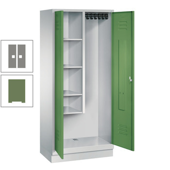 Raumpflegeschrank, Geräteschrank, auf Sockel, 2 Abteile a 400 mm, 1.800 x 810 x 500 mm (HxBxT), Korpusfarbe resedagrün, Türfarbe graualuminium RAL 9007 Graualuminium | RAL 6011 Resedagrün